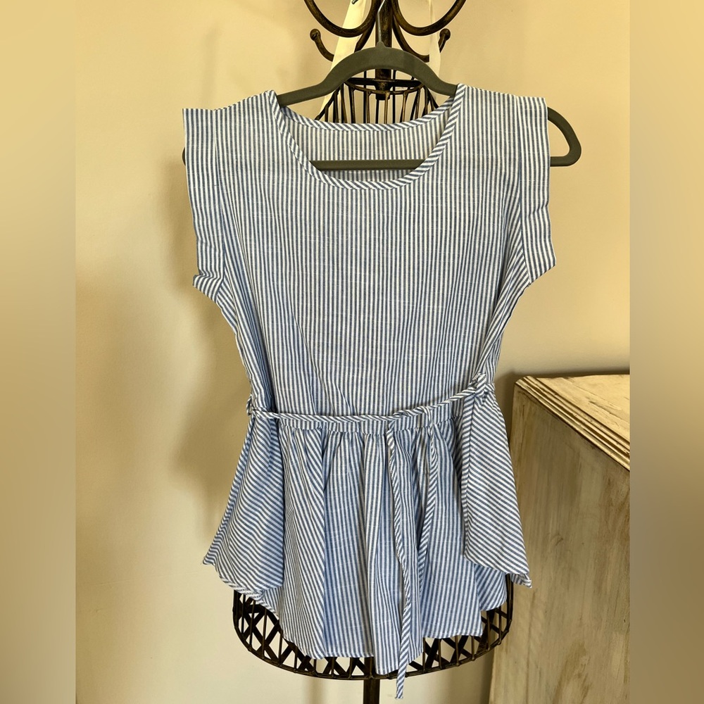 Blue/white striped blouse with tie
